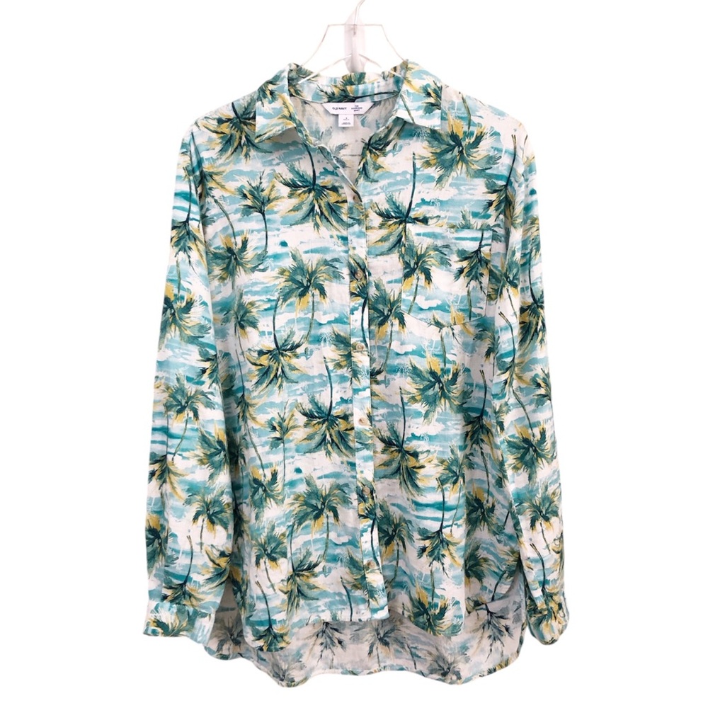 Old Navy | TALL Tropical Palm Tree Resortwear Linen Blend Boyfriend Blouse